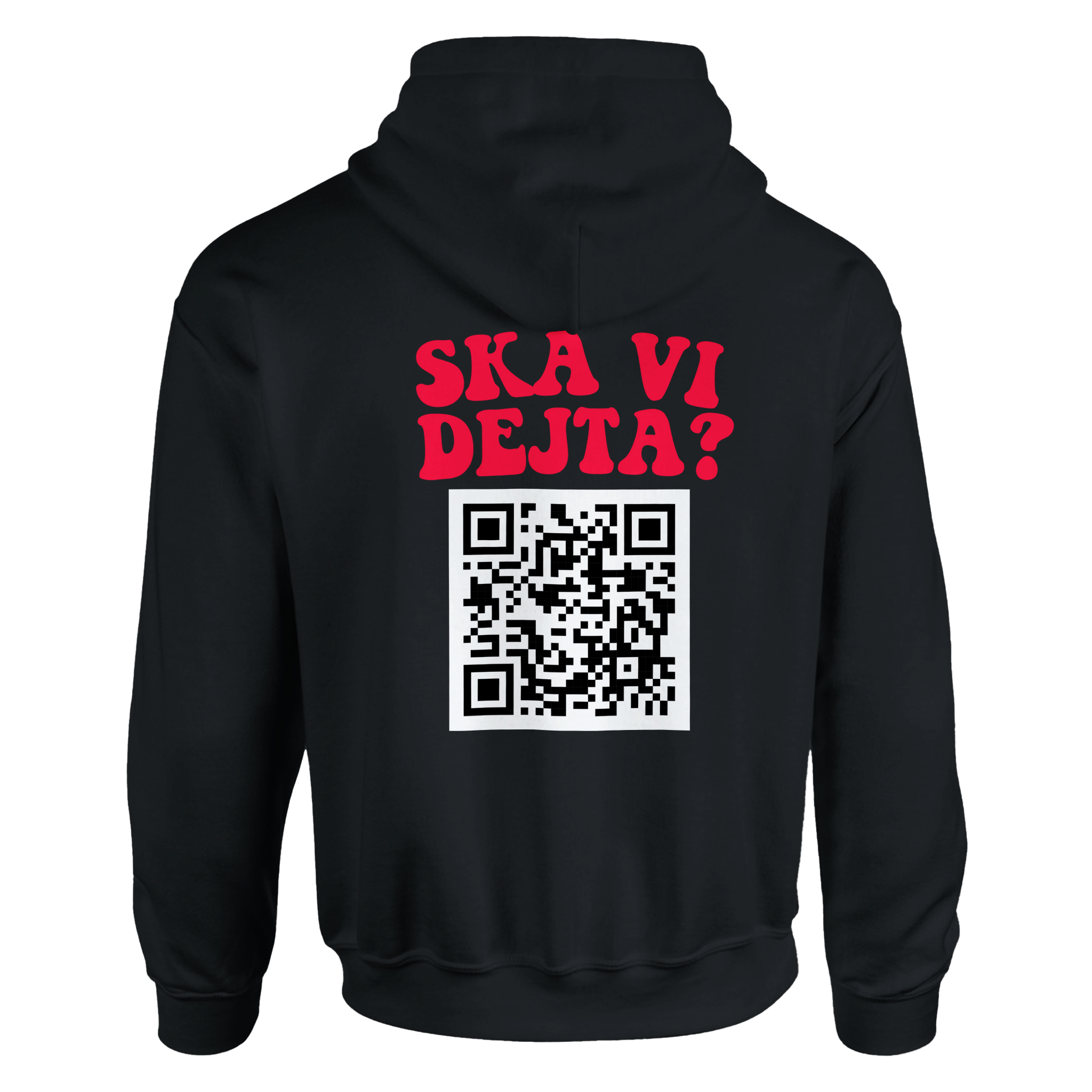 Svart MC hoodie med rött ryggtryck Ska vi dejta? och personlig QR-kod – BikerQR