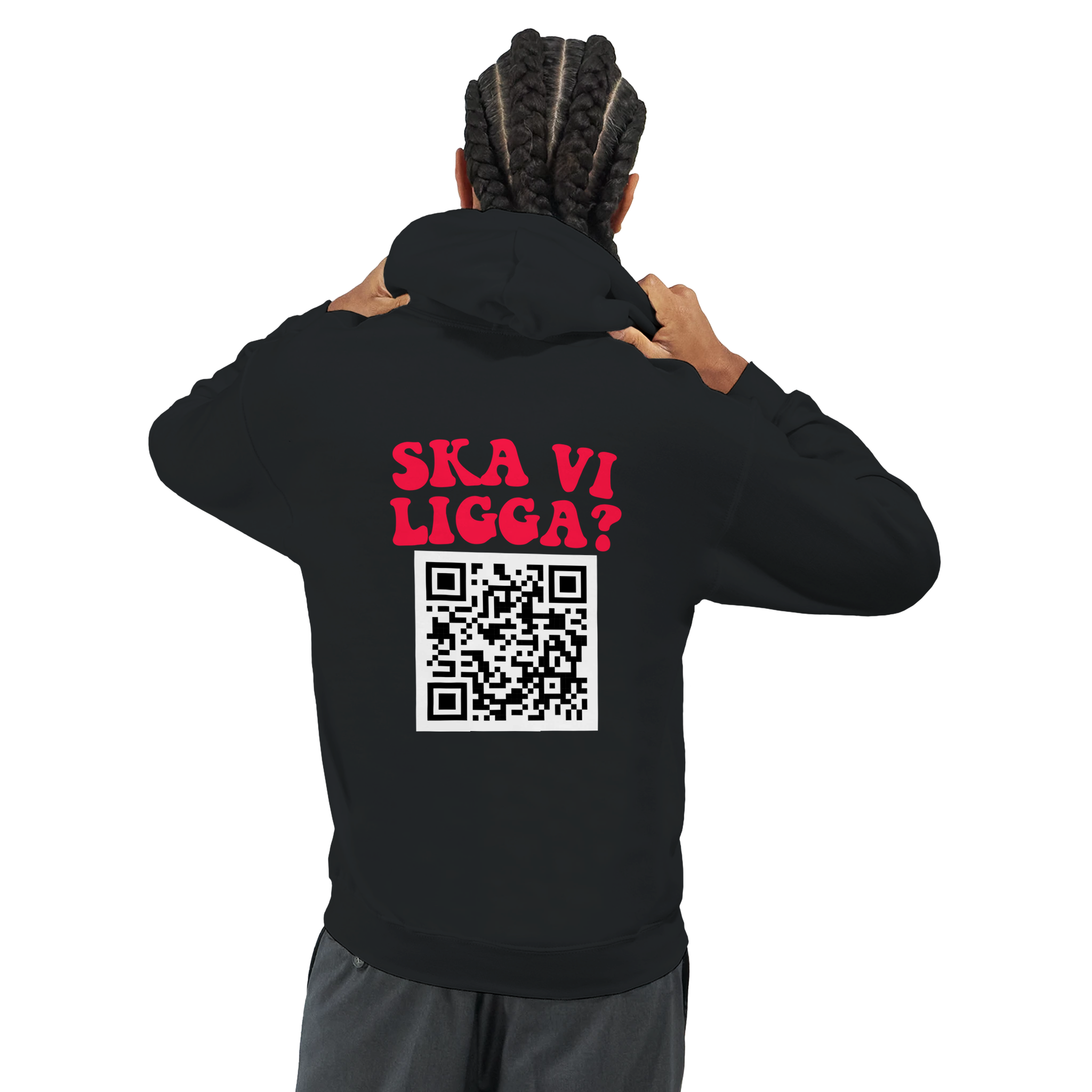 Svart MC hoodie herr ryggvy med tryck Ska Vi Ligga och skanningsbar QR-kod